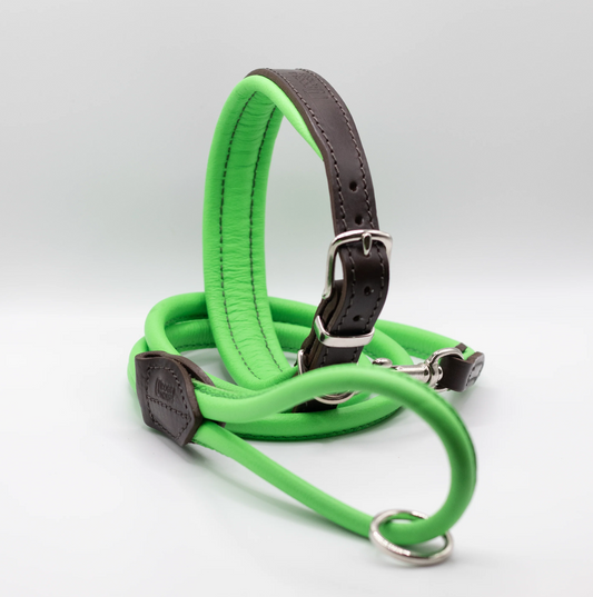 Padded Leather Dog Collar and Rolled Lead Set Green
