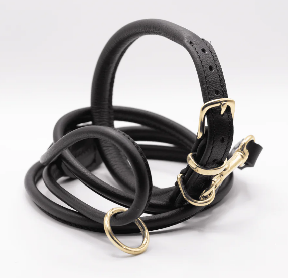 Rolled Soft Leather Dog Collar and Lead Set Black