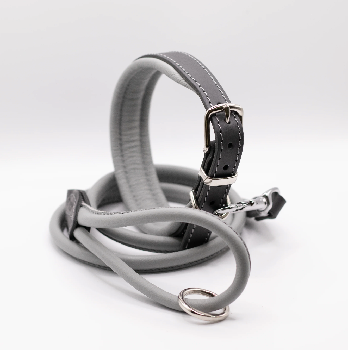 Padded Leather Dog Collar and Rolled Lead Set Grey