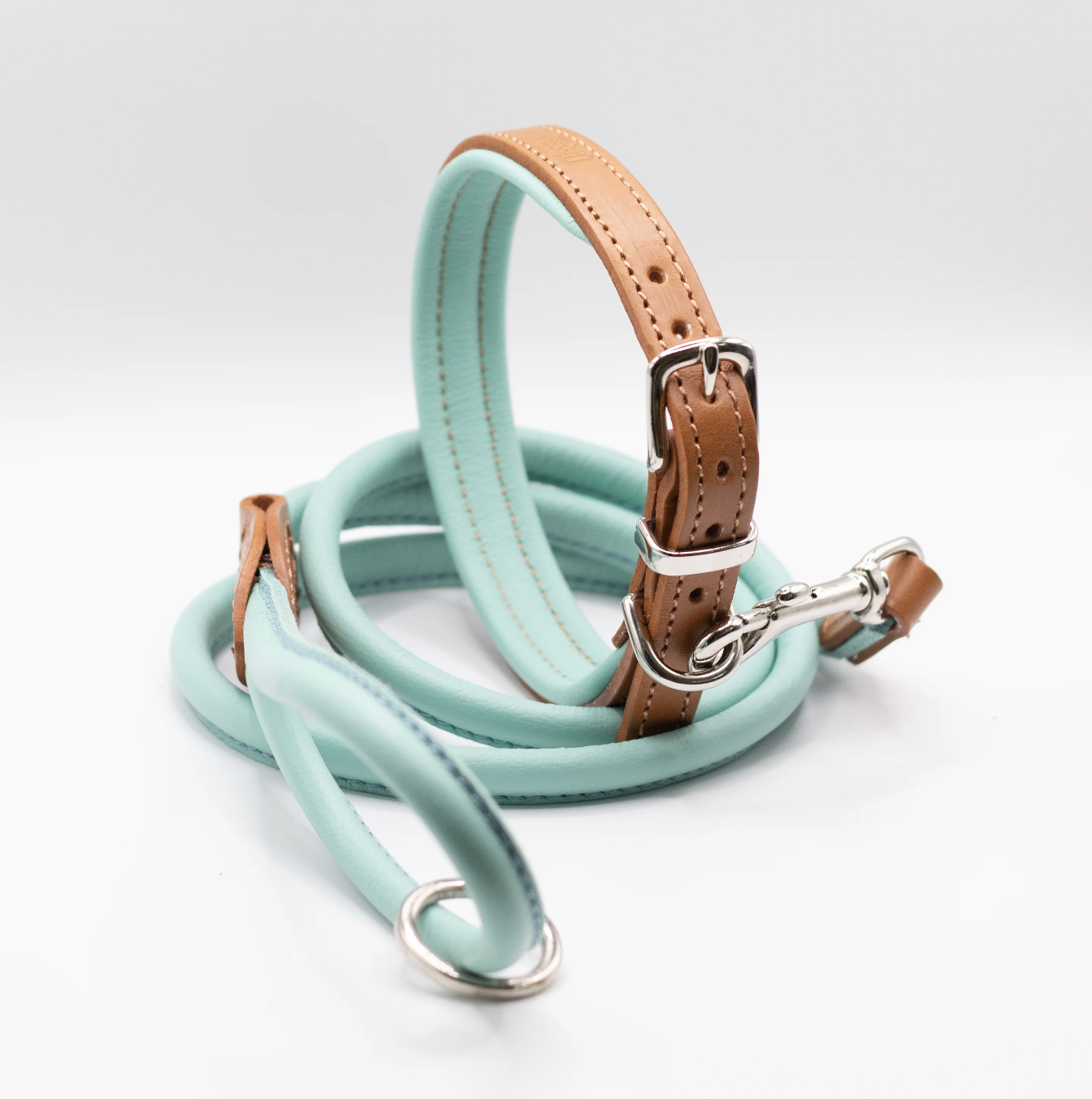 Padded Leather Dog Collar and Rolled Lead Set Aqua